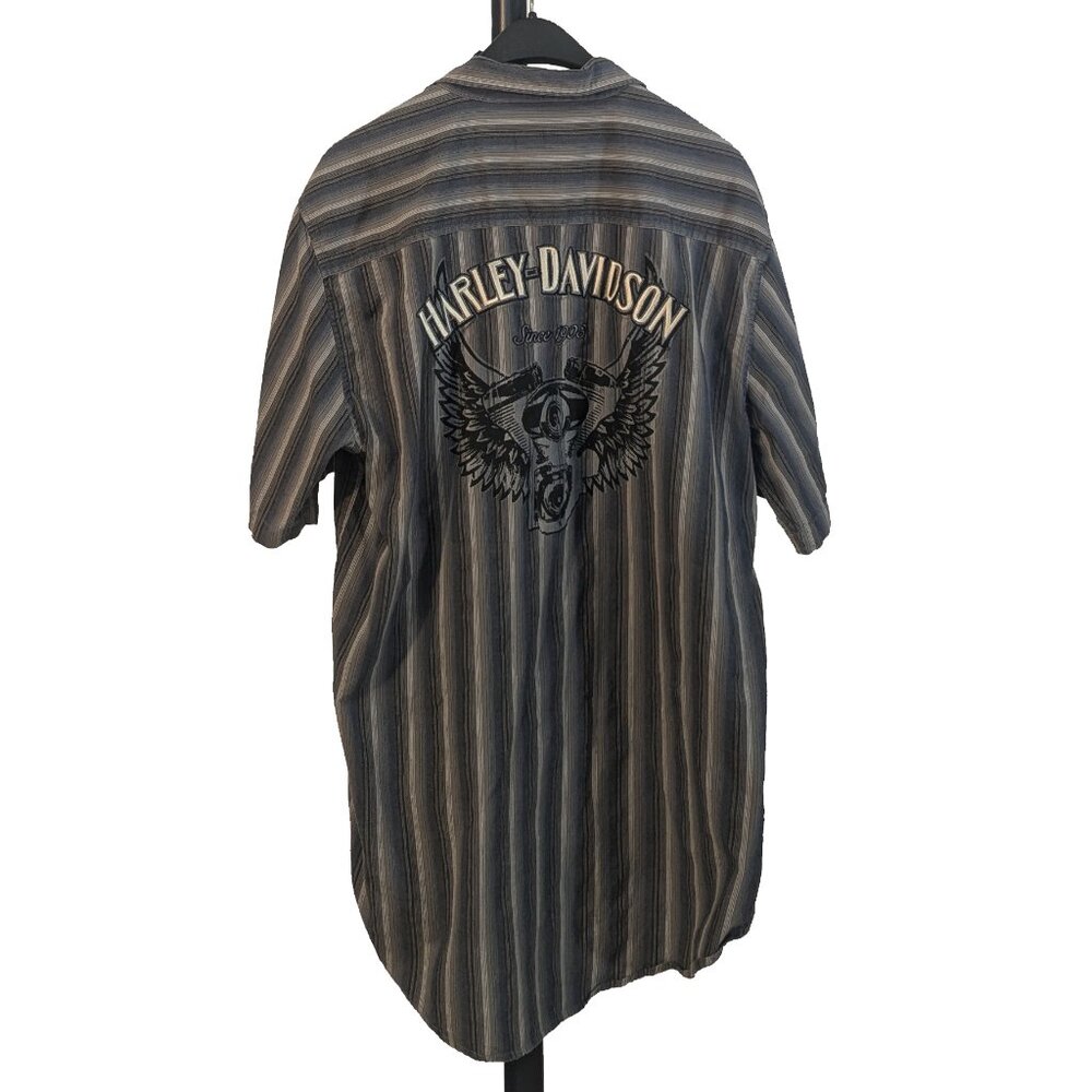 Harley Davidson Blue & Grey Striped Oversized Shirt - Picture 1 of 7